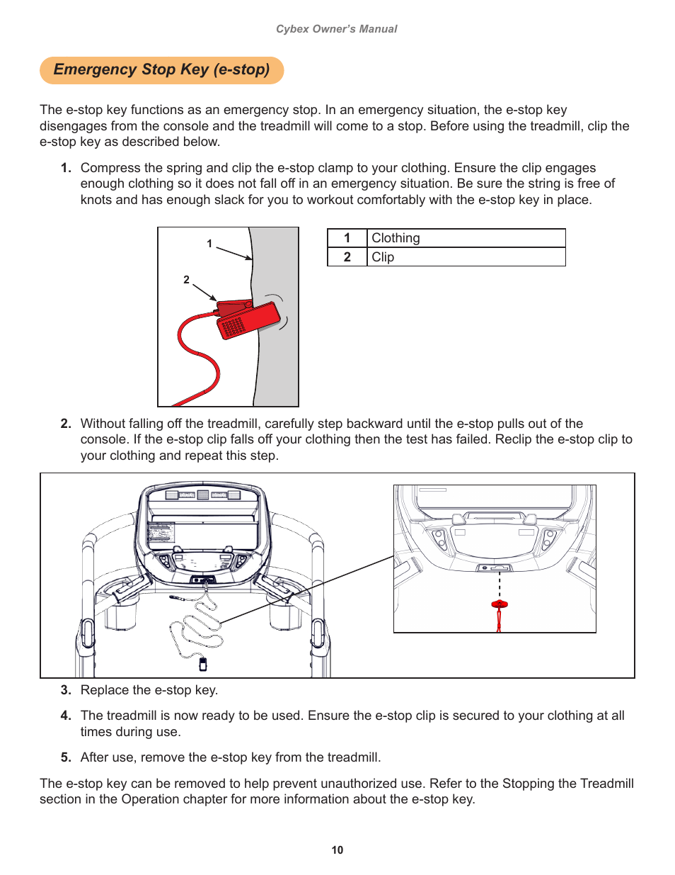 Emergency stop key (e-stop) | Cybex 525T Treadmill User Manual | Page 10 / 80