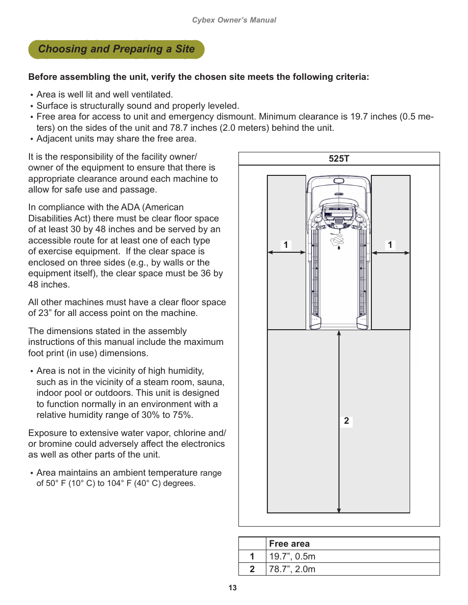 Choosing and preparing a site | Cybex 525T Treadmill User Manual | Page 13 / 80