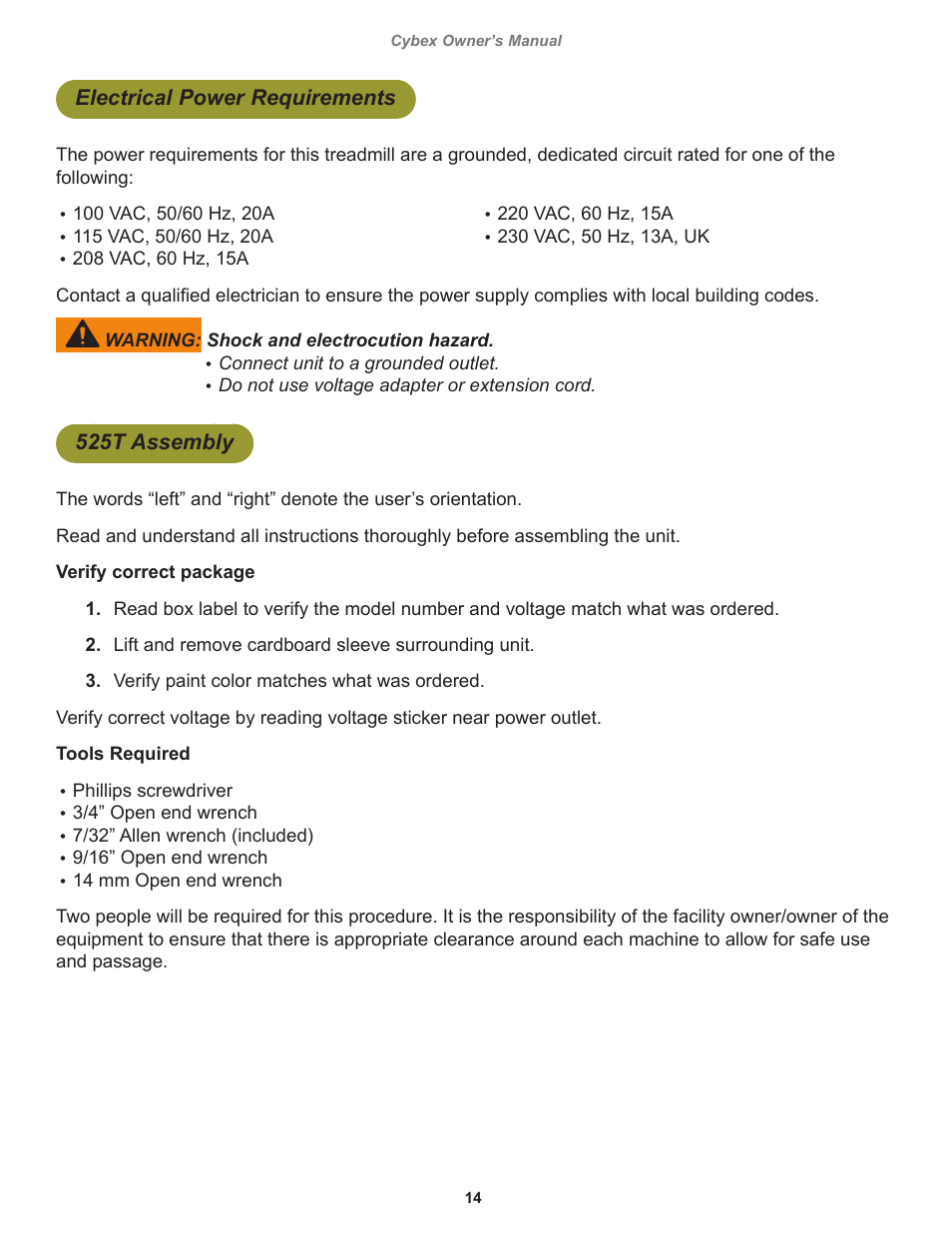 Electrical power requirements, 525t assembly | Cybex 525T Treadmill User Manual | Page 14 / 80