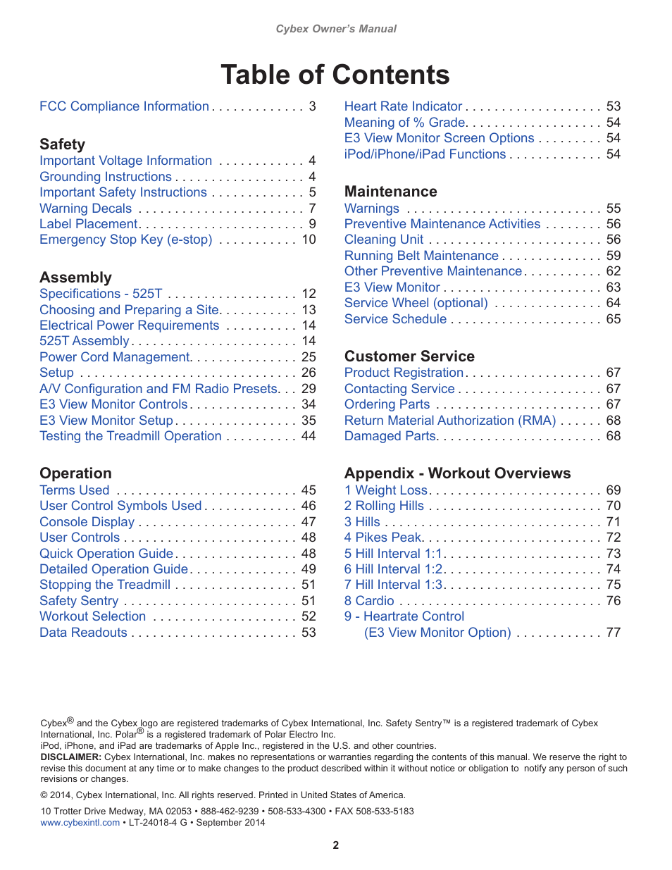Cybex 525T Treadmill User Manual | Page 2 / 80