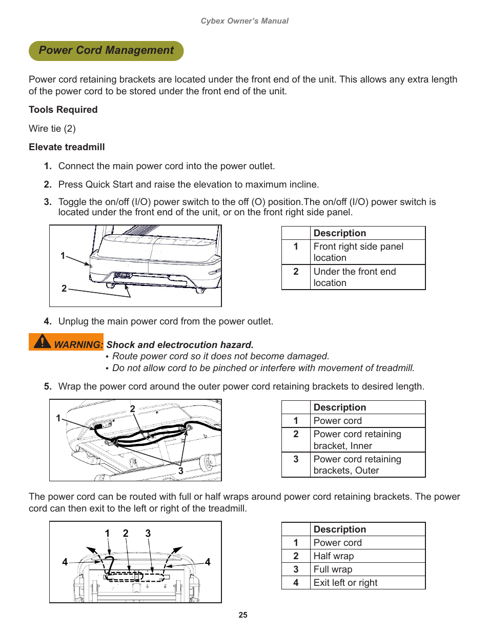 Power cord management | Cybex 525T Treadmill User Manual | Page 25 / 80