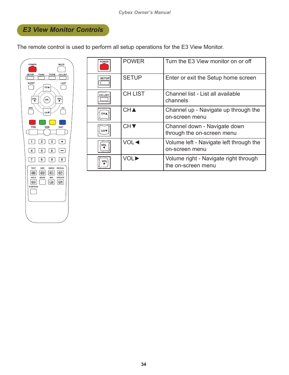 E3 view monitor controls, Power turn the e3 view monitor on or off, Setup enter or exit the setup home screen | Ch list channel list - list all available channels, 34 cybex owner’s manual cybex owner’s manual | Cybex 525T Treadmill User Manual | Page 34 / 80