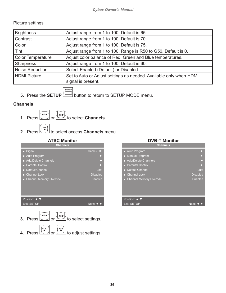 Dvb-t monitor, Press, 36 cybex owner’s manual cybex owner’s manual | Cybex 525T Treadmill User Manual | Page 36 / 80