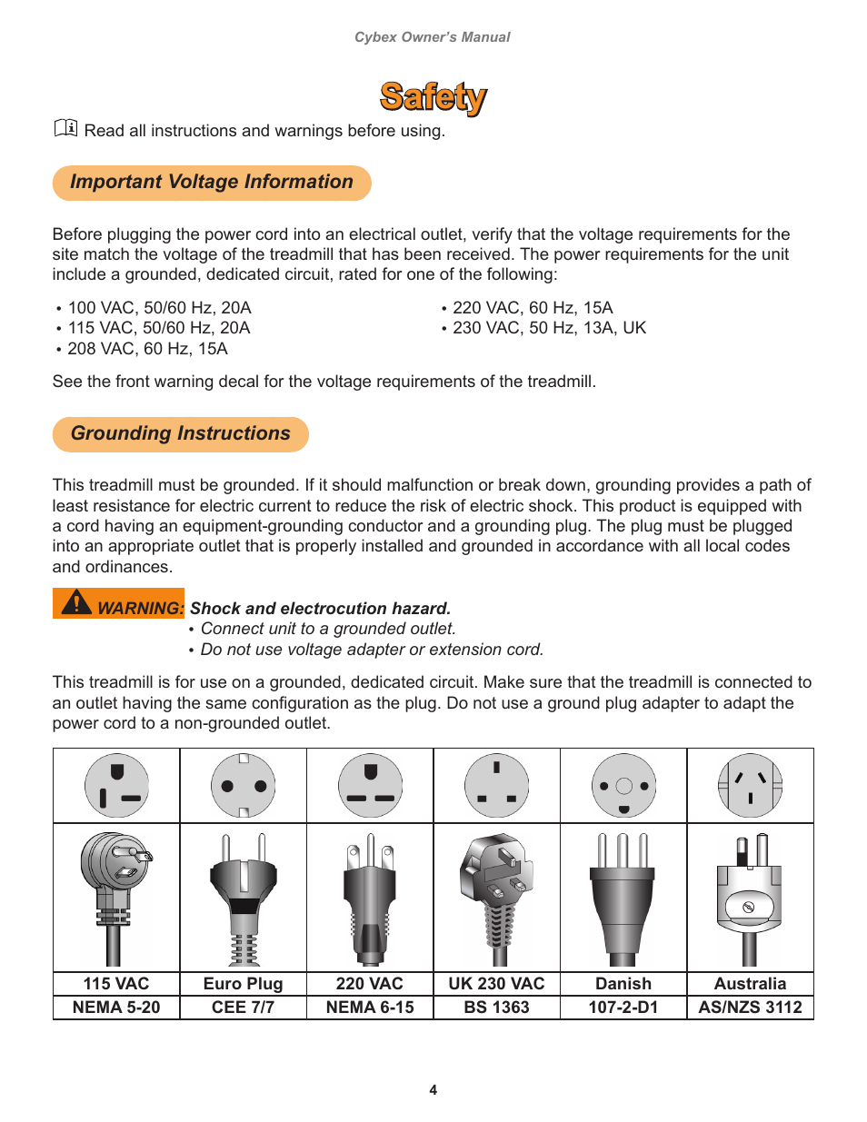 Safety, Important voltage information, Grounding instructions | Cybex 525T Treadmill User Manual | Page 4 / 80