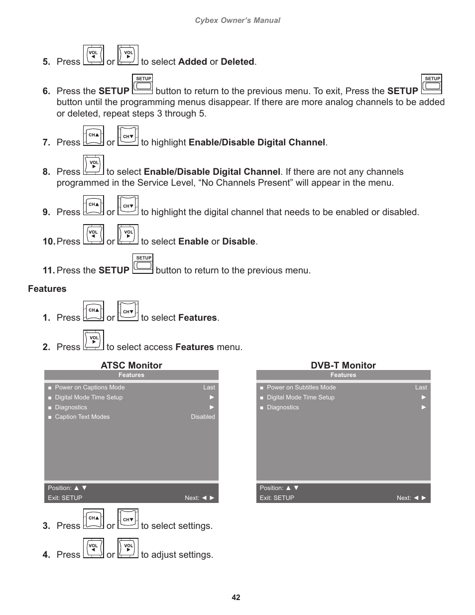 Press, Dvb-t monitor, 42 cybex owner’s manual cybex owner’s manual | Cybex 525T Treadmill User Manual | Page 42 / 80