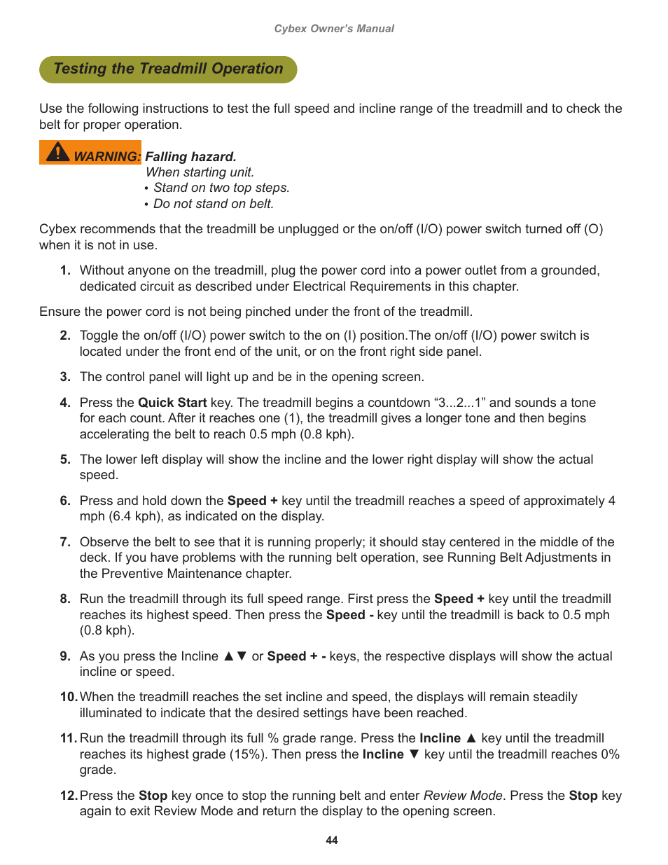 Testing the treadmill operation | Cybex 525T Treadmill User Manual | Page 44 / 80