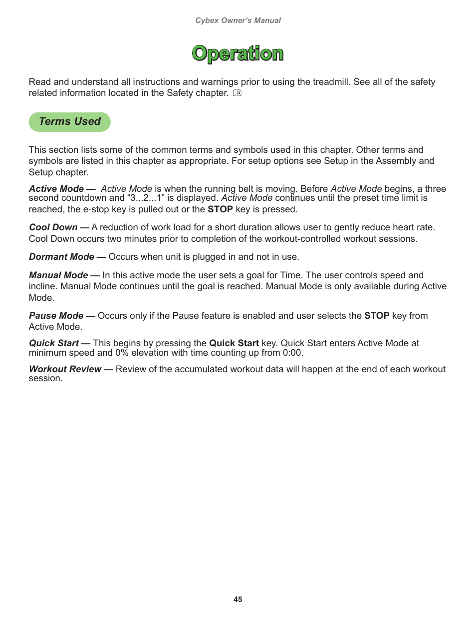 Operation, Terms used | Cybex 525T Treadmill User Manual | Page 45 / 80