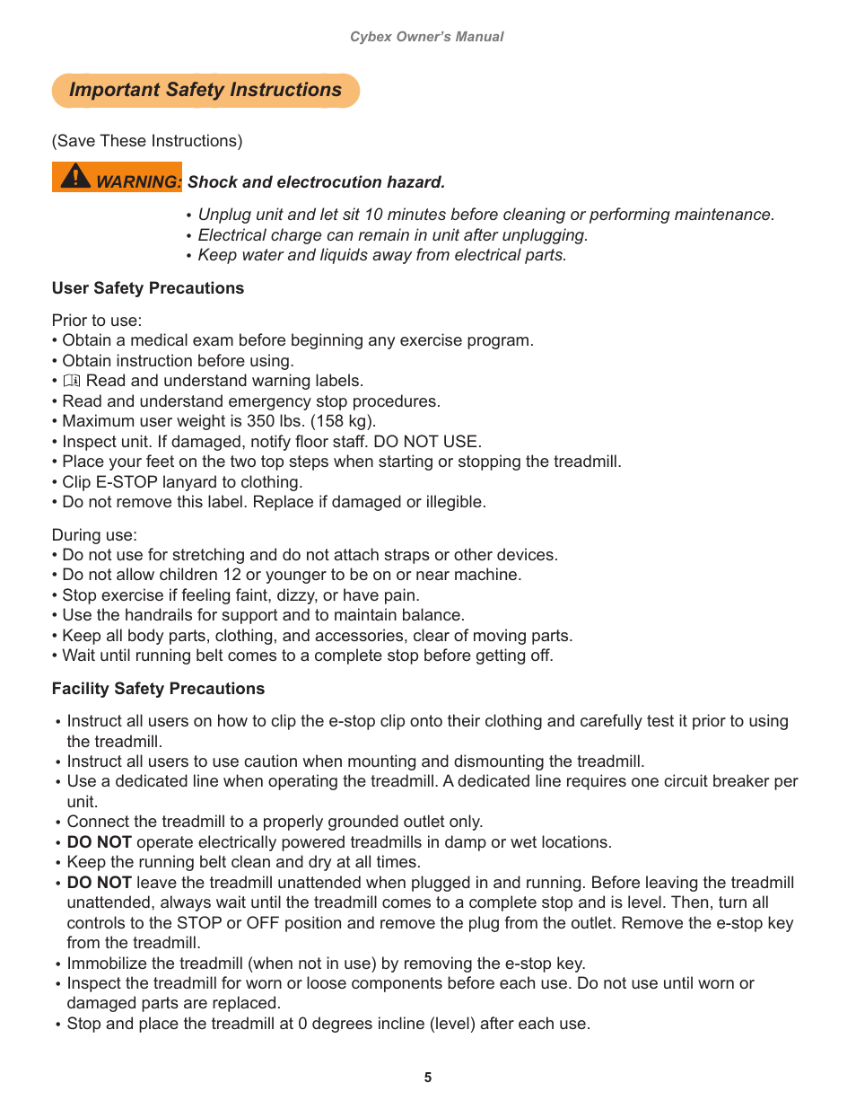 Important safety instructions | Cybex 525T Treadmill User Manual | Page 5 / 80