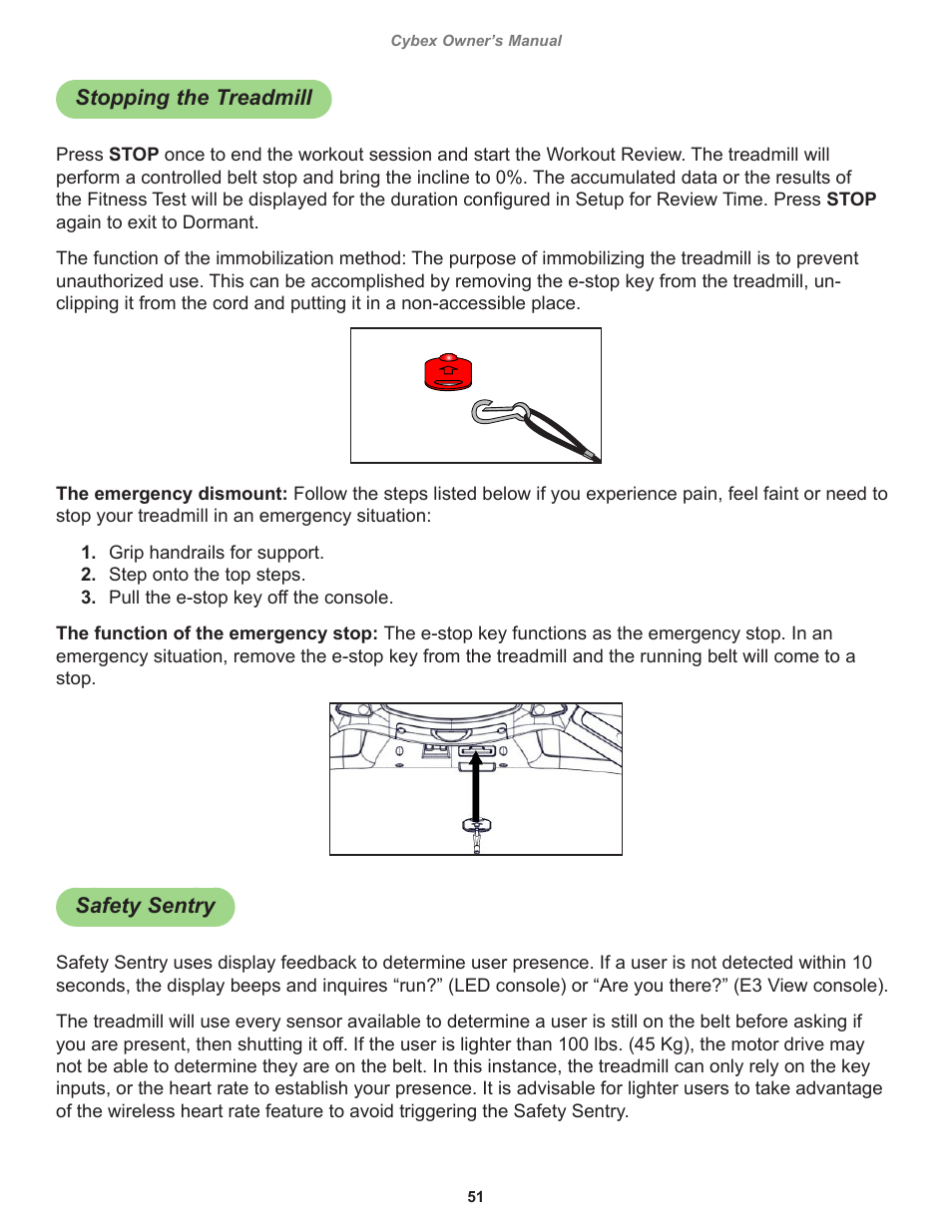 Stopping the treadmill, Safety sentry | Cybex 525T Treadmill User Manual | Page 51 / 80