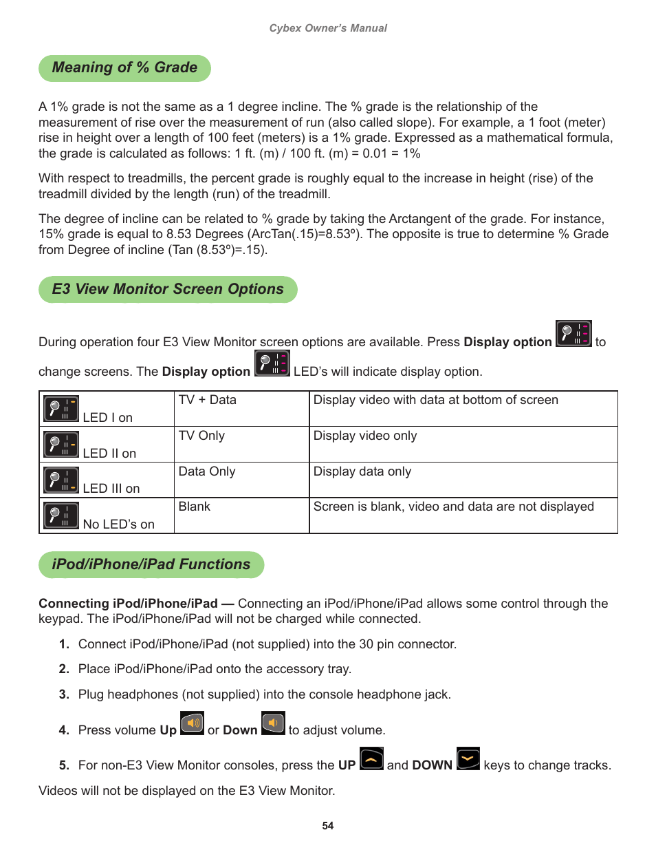 Meaning of % grade, E3 view monitor screen options, Ipod/iphone/ipad functions | 54 cybex owner’s manual | Cybex 525T Treadmill User Manual | Page 54 / 80