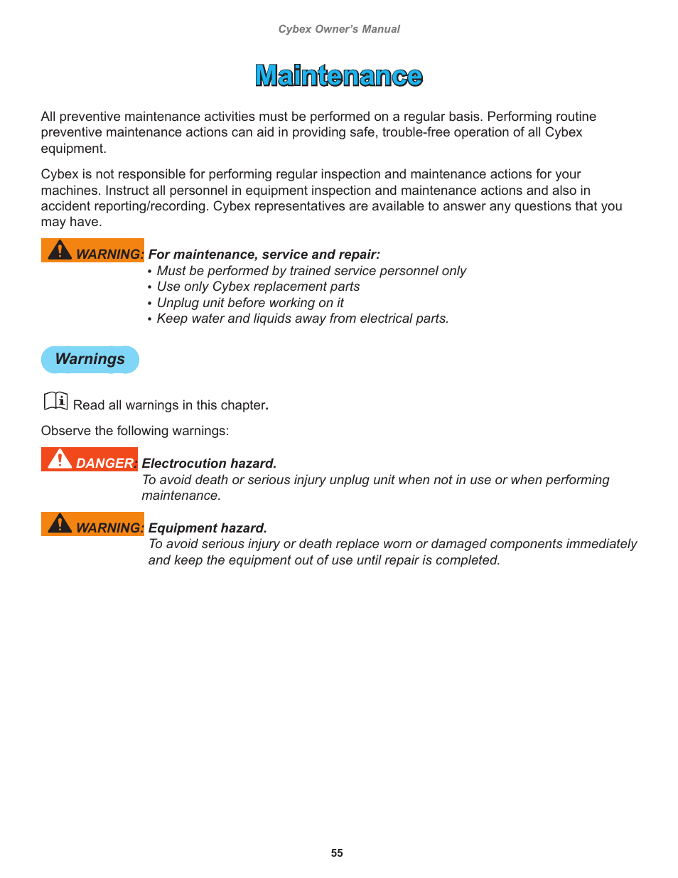Maintenance, Warnings | Cybex 525T Treadmill User Manual | Page 55 / 80