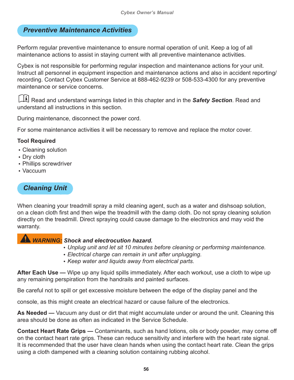 Preventive maintenance activities, Cleaning unit | Cybex 525T Treadmill User Manual | Page 56 / 80