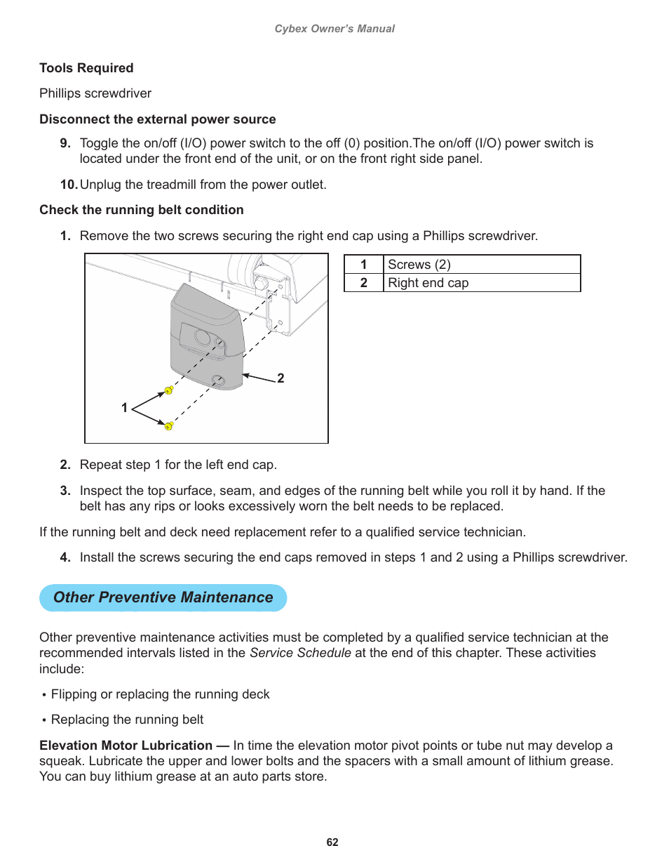 Other preventive maintenance | Cybex 525T Treadmill User Manual | Page 62 / 80