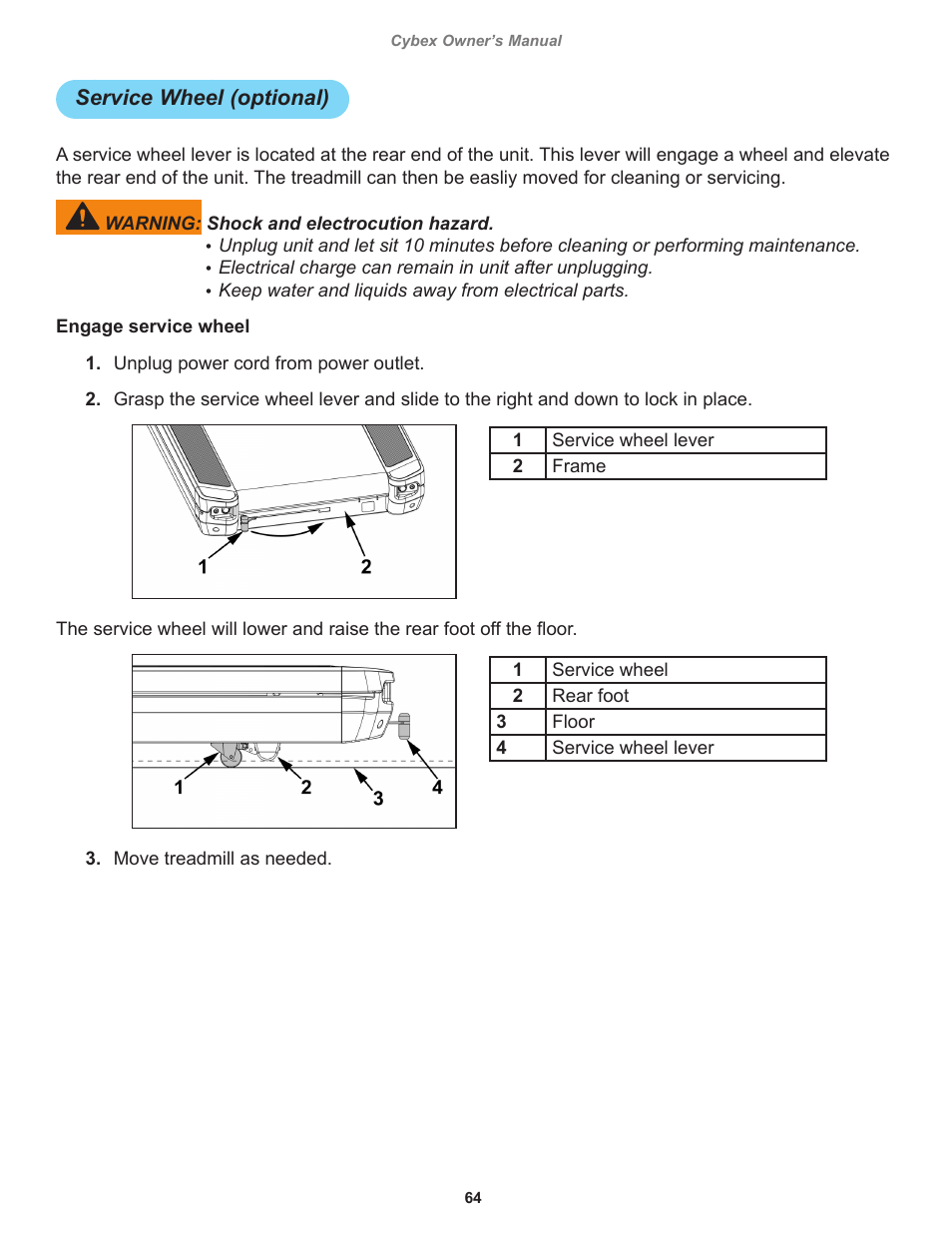 Service wheel (optional) | Cybex 525T Treadmill User Manual | Page 64 / 80