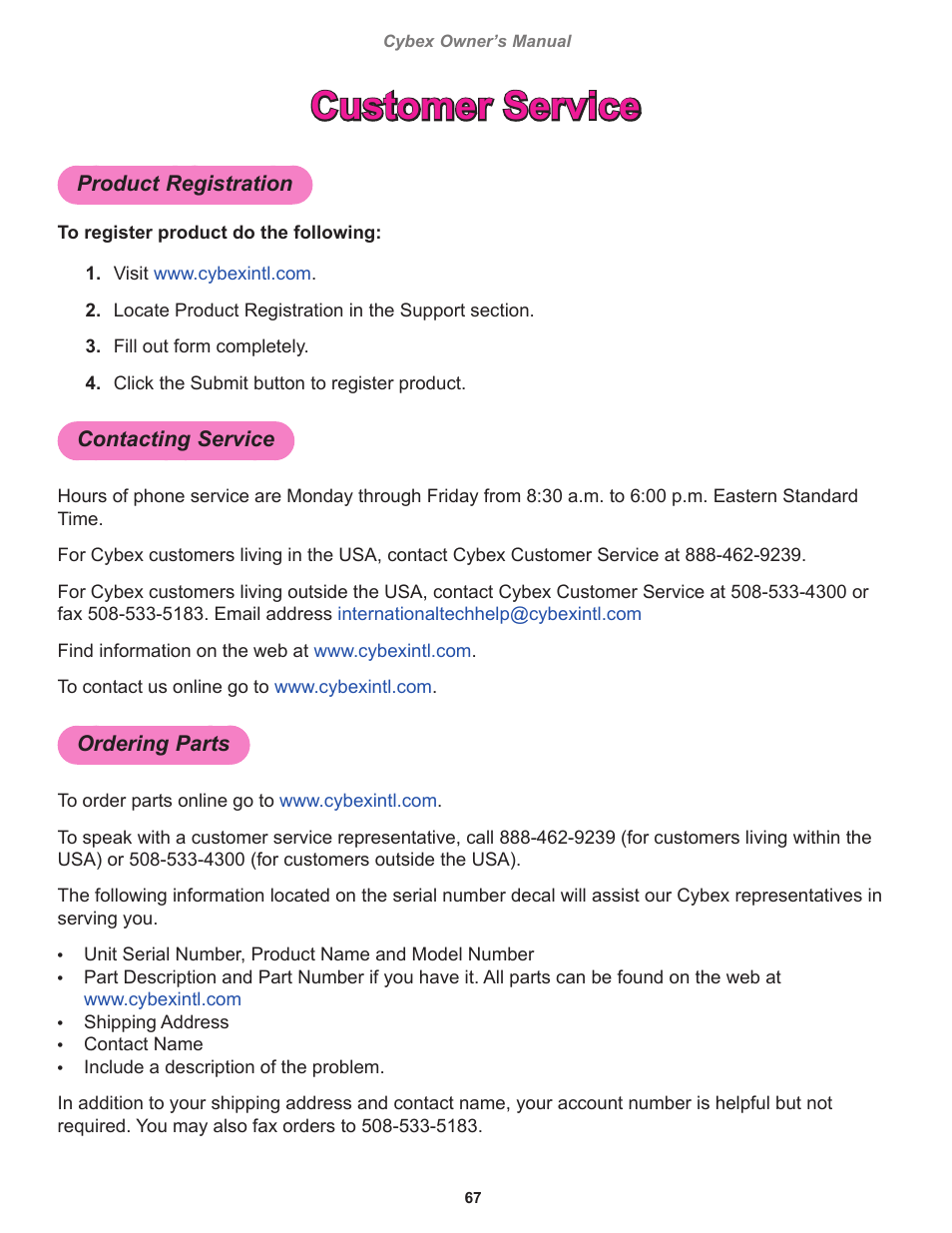 Customer service, Product registration, Contacting service | Ordering parts | Cybex 525T Treadmill User Manual | Page 67 / 80