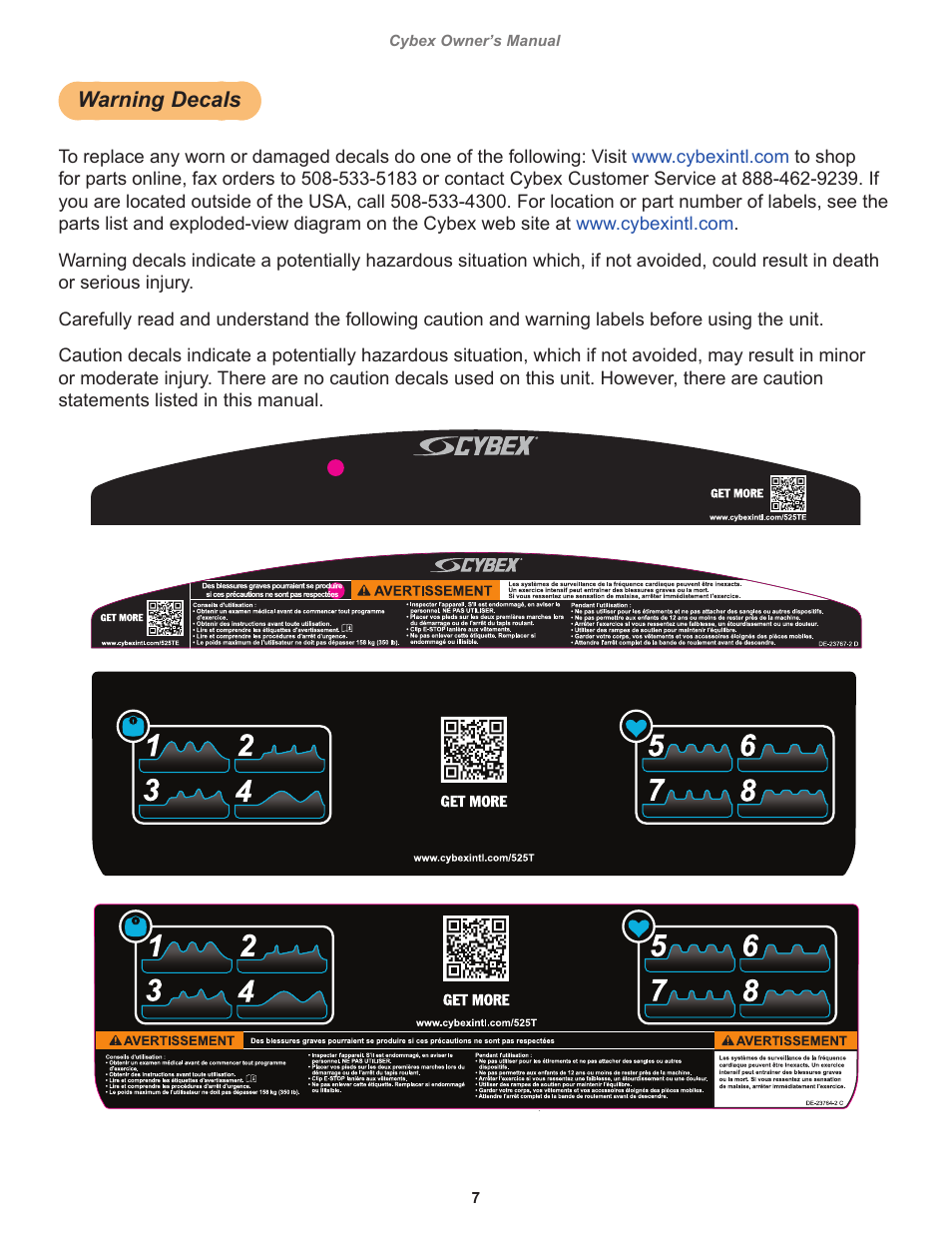 Warning decals, 7cybex owner’s manual cybex owner’s manual, Label,center, 525t english | Label,center, 525t, canada | Cybex 525T Treadmill User Manual | Page 7 / 80