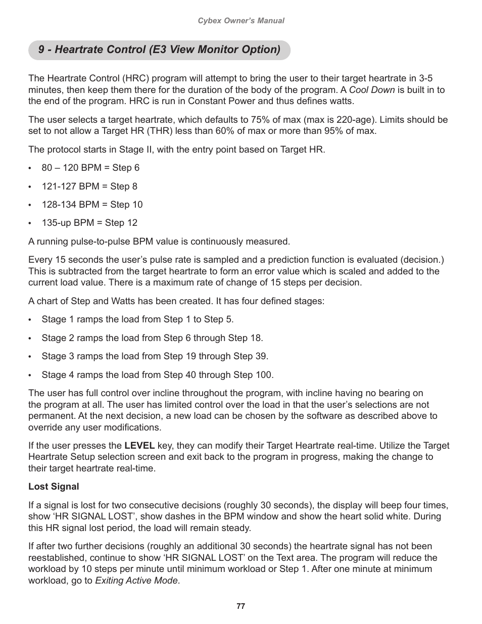 9 - heartrate control (e3 view monitor option), 9 - heartrate control, E3 view monitor option) | Cybex 525T Treadmill User Manual | Page 77 / 80