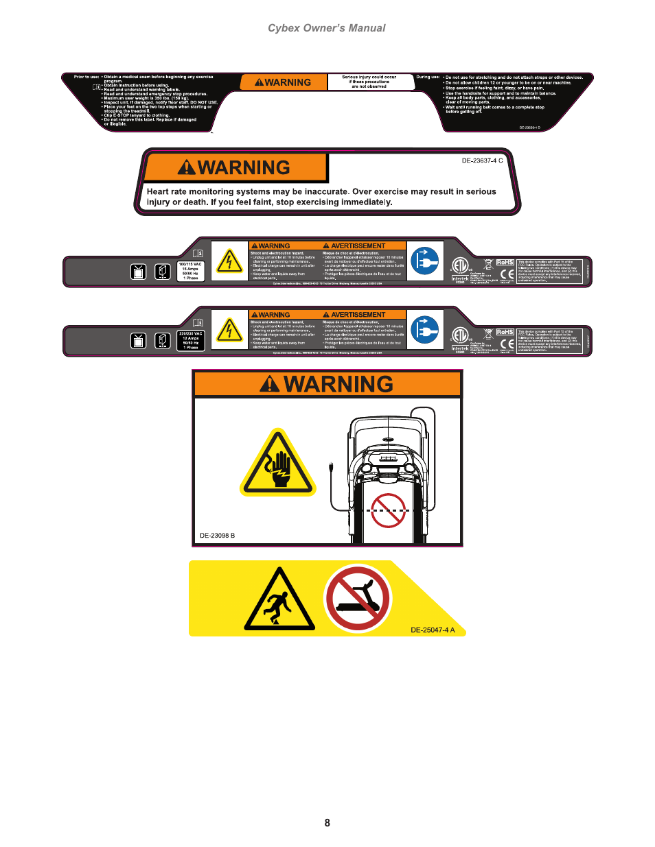 Label warning, power cord, treadmill, Cord wrap area, Bgarber | 8cybex owner’s manual, 10 trotter drive medway, ma, Dieline “cutcontour” do not print, 2 of 2, Do not scale drawing, Scale: 1=1 this file is in adobe illustrator | Cybex 525T Treadmill User Manual | Page 8 / 80