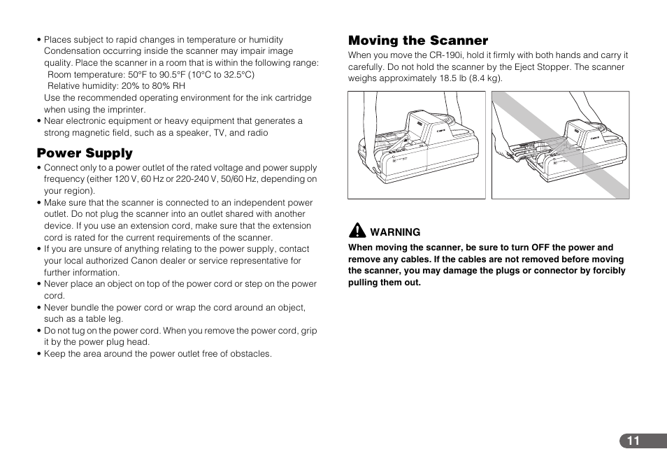 Power supply moving the scanner, Power supply, Moving the scanner | Canon IMAGEFORMULA CR-190I User Manual | Page 11 / 61