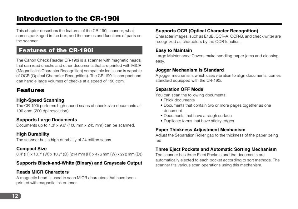 Introduction to the cr-190i, Features of the cr-190i, Features | Canon IMAGEFORMULA CR-190I User Manual | Page 12 / 61