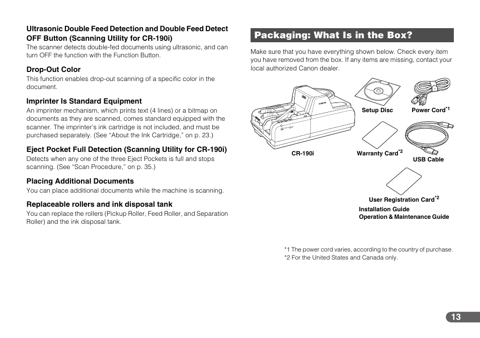 Packaging: what is in the box | Canon IMAGEFORMULA CR-190I User Manual | Page 13 / 61
