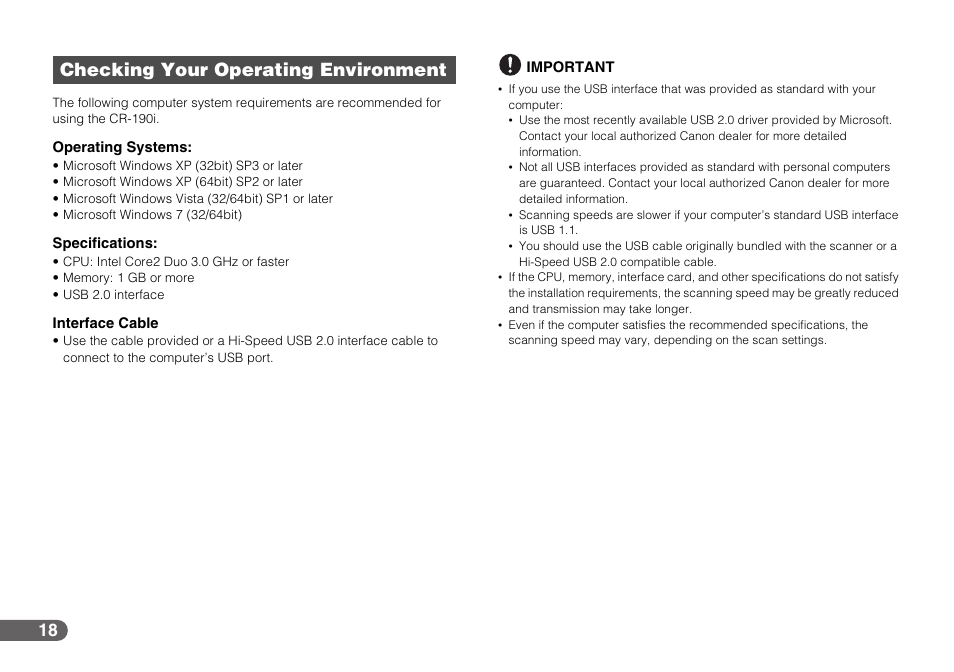 Checking your operating environment | Canon IMAGEFORMULA CR-190I User Manual | Page 18 / 61