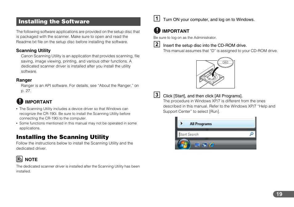 Installing the software, See “installing the software,” on p. 19, Installing the scanning utility | See “installing the software,” on p. 19.) | Canon IMAGEFORMULA CR-190I User Manual | Page 19 / 61