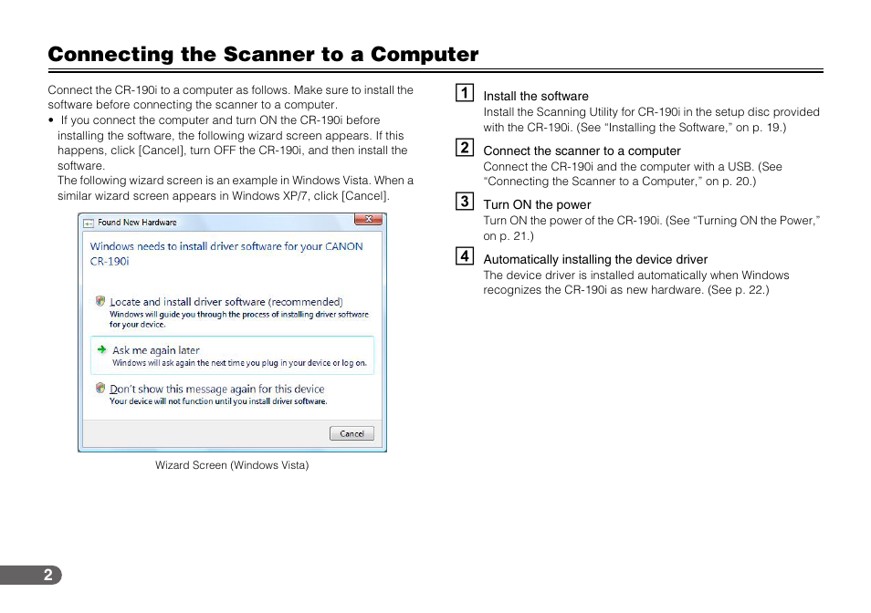 Connecting the scanner to a computer | Canon IMAGEFORMULA CR-190I User Manual | Page 2 / 61