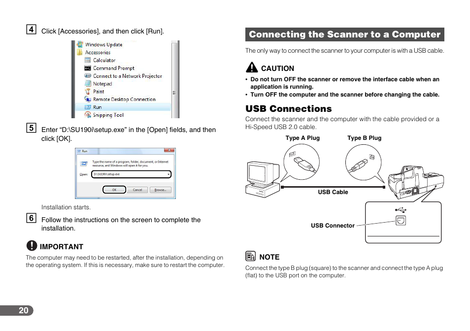 Connecting the scanner to a computer, Usb connections | Canon IMAGEFORMULA CR-190I User Manual | Page 20 / 61