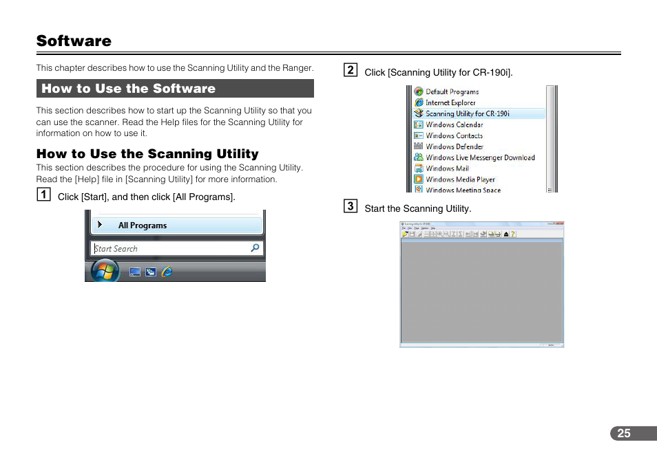 Software, How to use the software, How to use the scanning utility | Canon IMAGEFORMULA CR-190I User Manual | Page 25 / 61