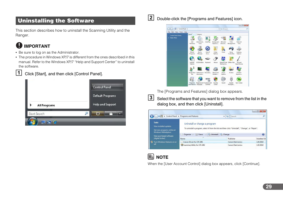 Uninstalling the software | Canon IMAGEFORMULA CR-190I User Manual | Page 29 / 61