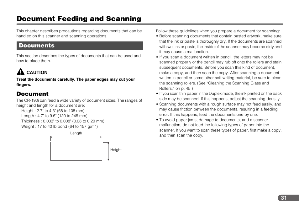 Document feeding and scanning, Documents, Document | Canon IMAGEFORMULA CR-190I User Manual | Page 31 / 61
