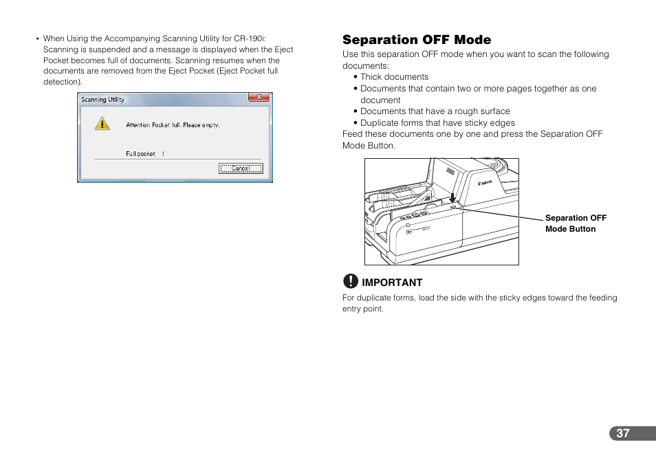 Separation off mode | Canon IMAGEFORMULA CR-190I User Manual | Page 37 / 61