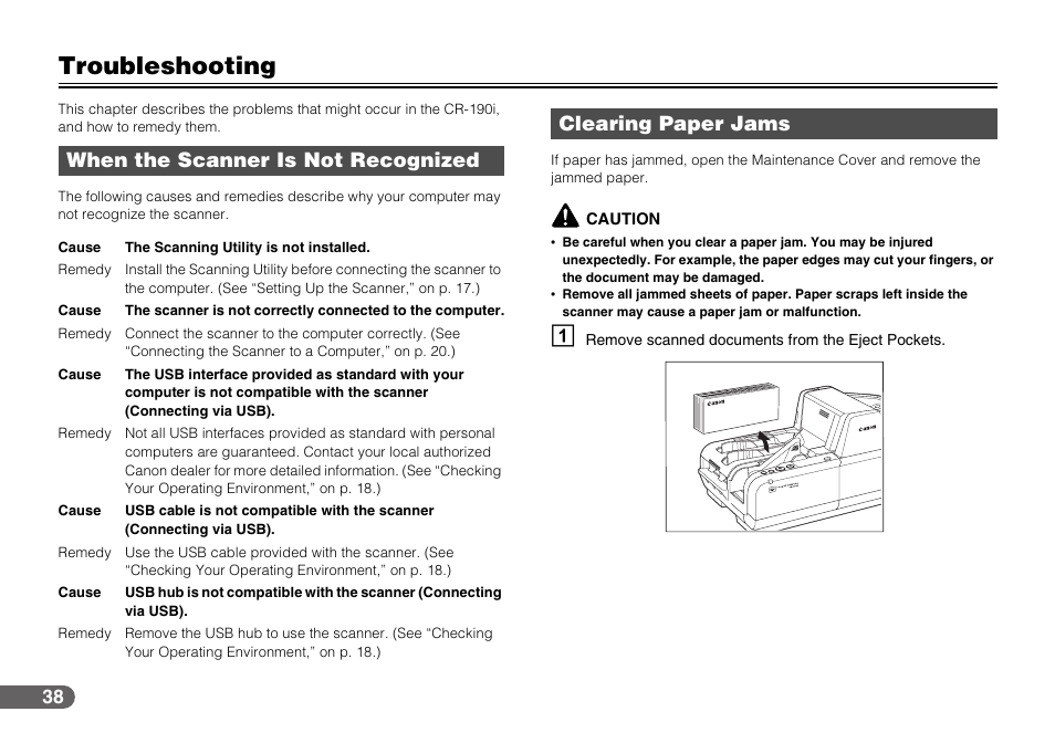 Troubleshooting, When the scanner is not recognized, Clearing paper jams | Canon IMAGEFORMULA CR-190I User Manual | Page 38 / 61