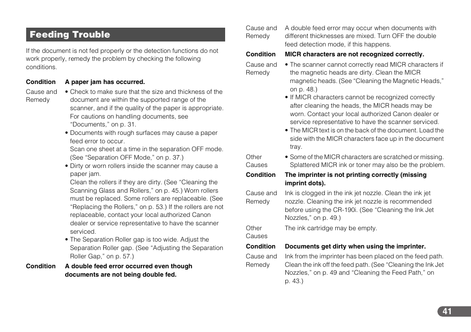 Feeding trouble | Canon IMAGEFORMULA CR-190I User Manual | Page 41 / 61