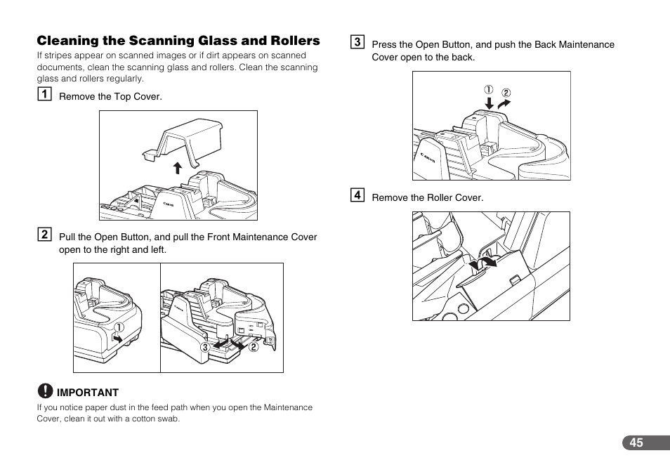 Cleaning the scanning glass and rollers | Canon IMAGEFORMULA CR-190I User Manual | Page 45 / 61