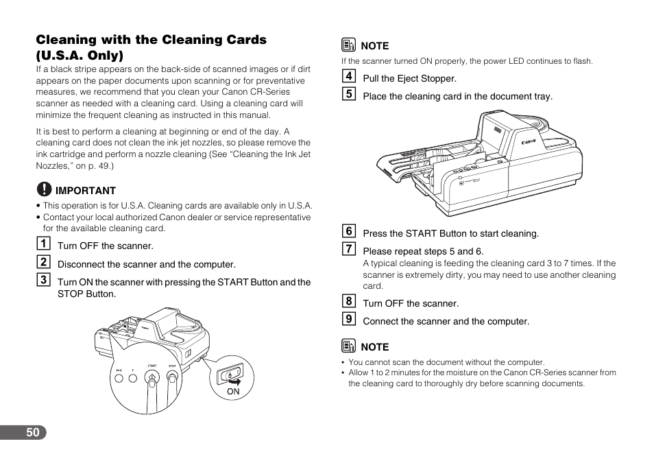 Cleaning with the cleaning cards (u.s.a. only) | Canon IMAGEFORMULA CR-190I User Manual | Page 50 / 61