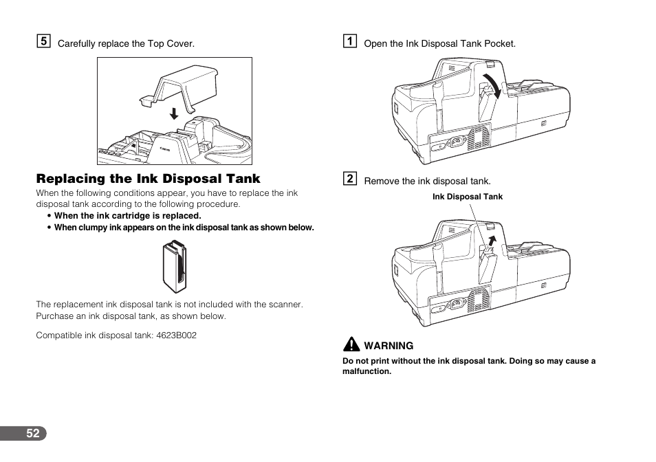 Replacing the ink disposal tank | Canon IMAGEFORMULA CR-190I User Manual | Page 52 / 61