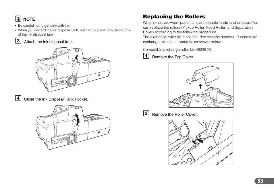 Replacing the rollers, See “replacing the rollers,” on p. 53 | Canon IMAGEFORMULA CR-190I User Manual | Page 53 / 61