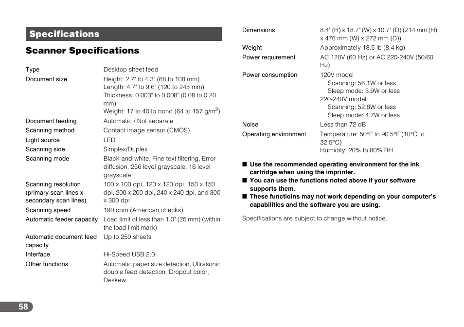 Specifications, Scanner specifications | Canon IMAGEFORMULA CR-190I User Manual | Page 58 / 61