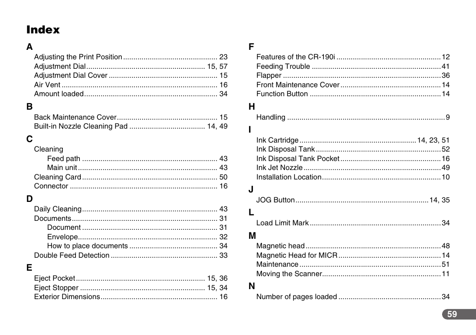 Index | Canon IMAGEFORMULA CR-190I User Manual | Page 59 / 61