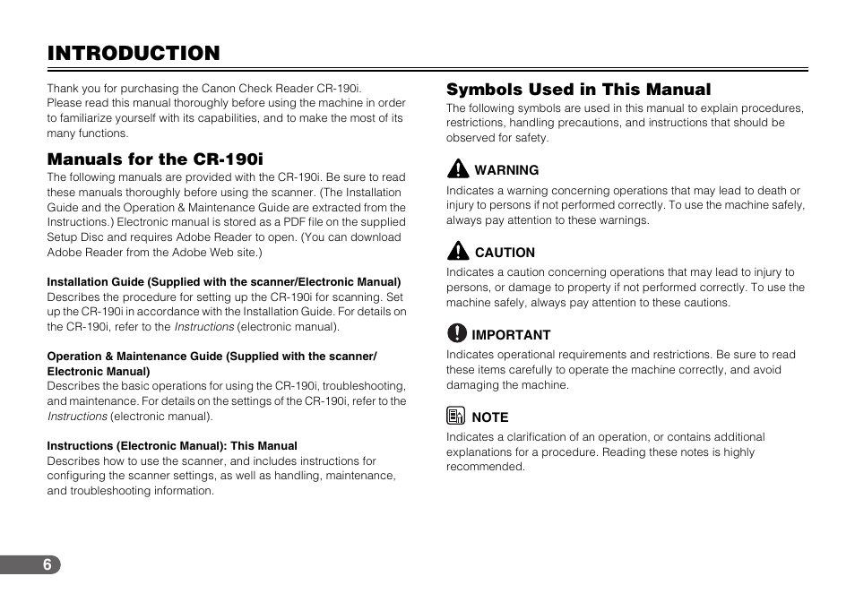 Introduction, Manuals for the cr-190i, Symbols used in this manual | Canon IMAGEFORMULA CR-190I User Manual | Page 6 / 61