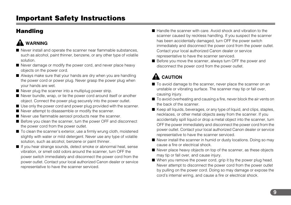 Important safety instructions, Handling | Canon IMAGEFORMULA CR-190I User Manual | Page 9 / 61
