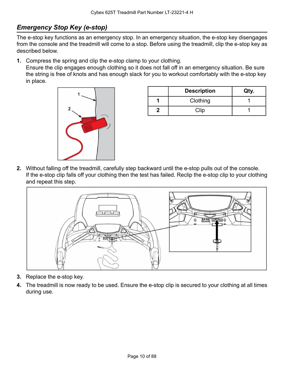 Emergency stop key (e-stop) | Cybex 625T Treadmill User Manual | Page 10 / 88