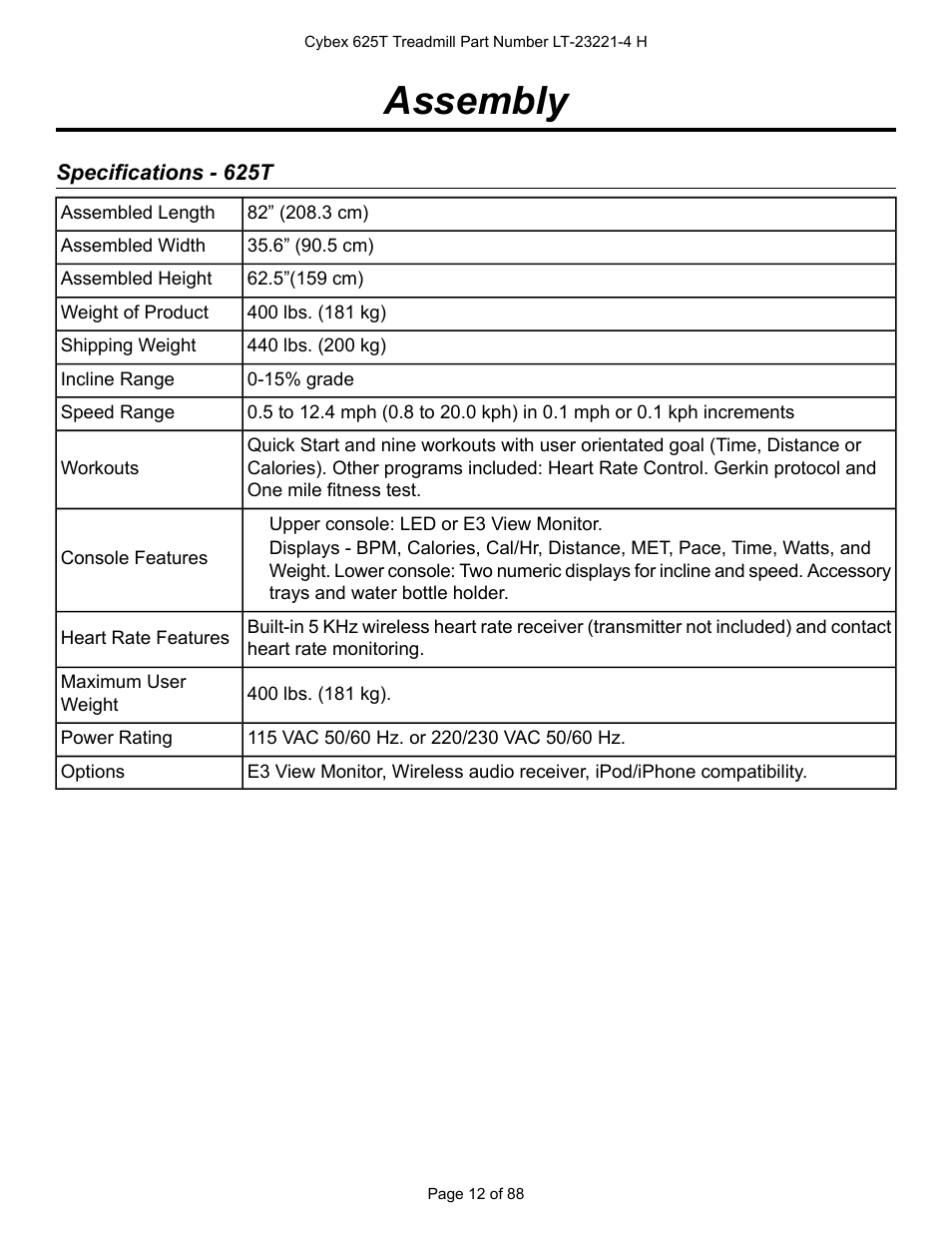 Assembly, Specifications - 625t | Cybex 625T Treadmill User Manual | Page 12 / 88