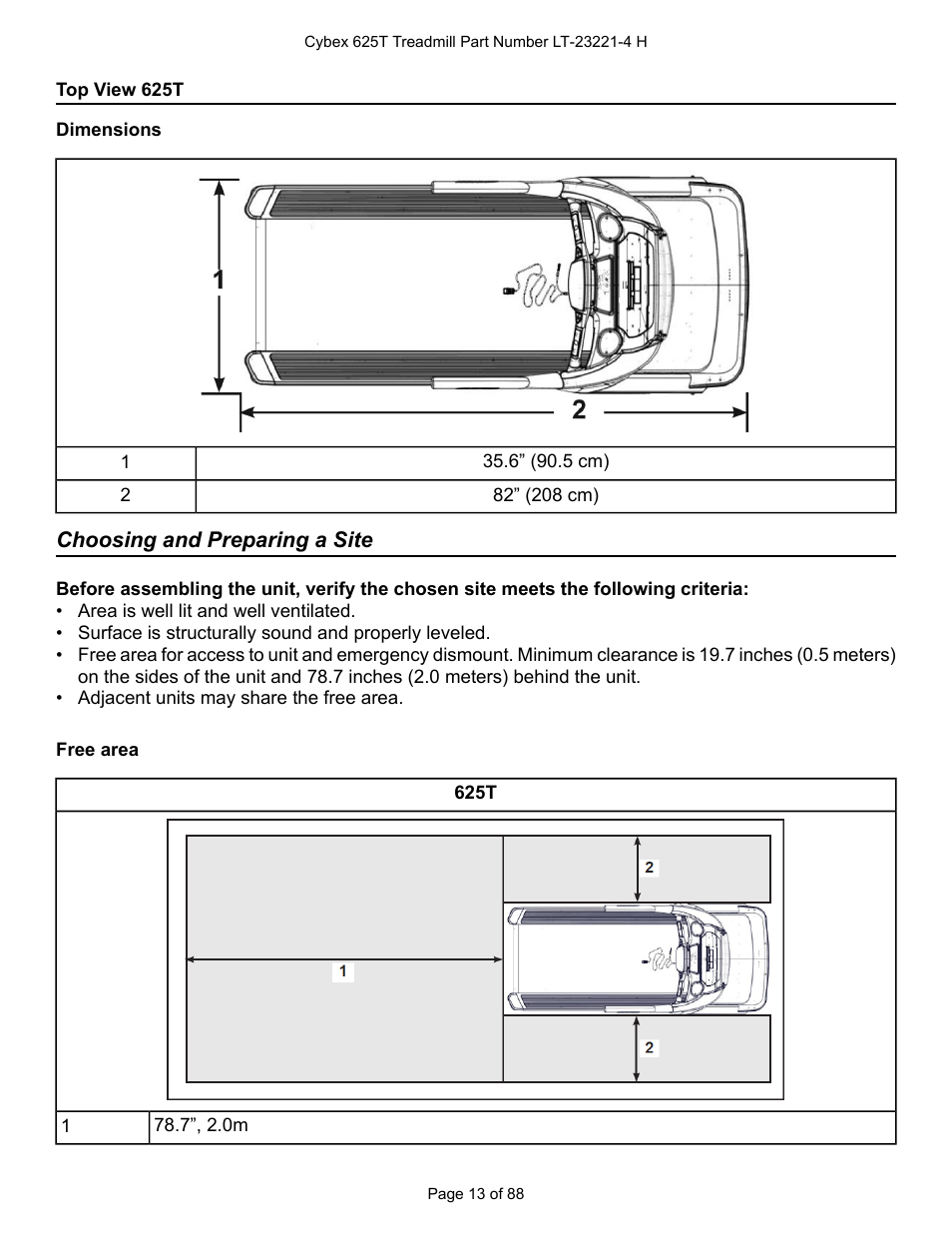 Top view 625t, Choosing and preparing a site | Cybex 625T Treadmill User Manual | Page 13 / 88