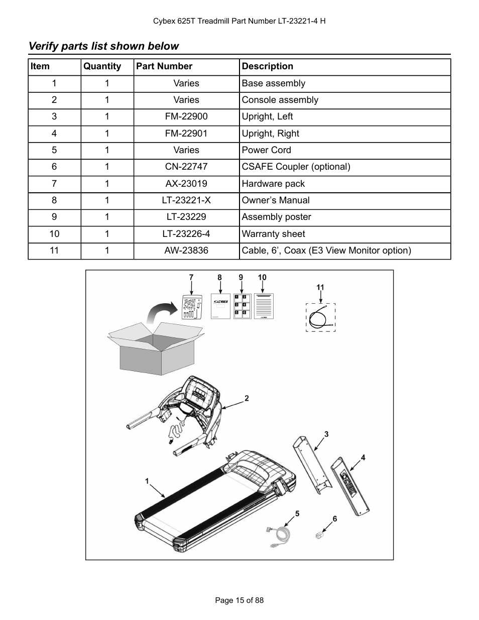 Verify parts list shown below | Cybex 625T Treadmill User Manual | Page 15 / 88