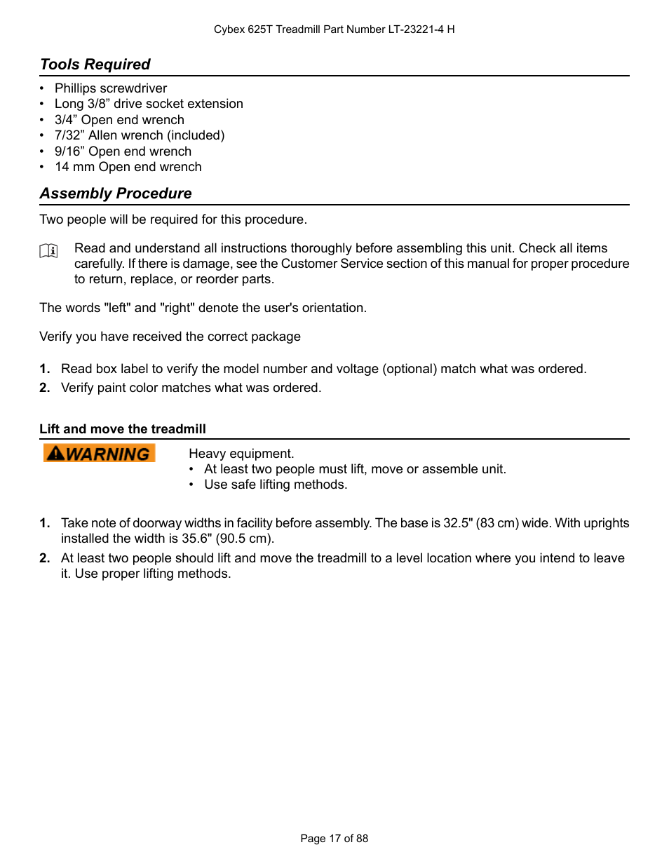 Tools required, Assembly procedure, Lift and move the treadmill | Cybex 625T Treadmill User Manual | Page 17 / 88