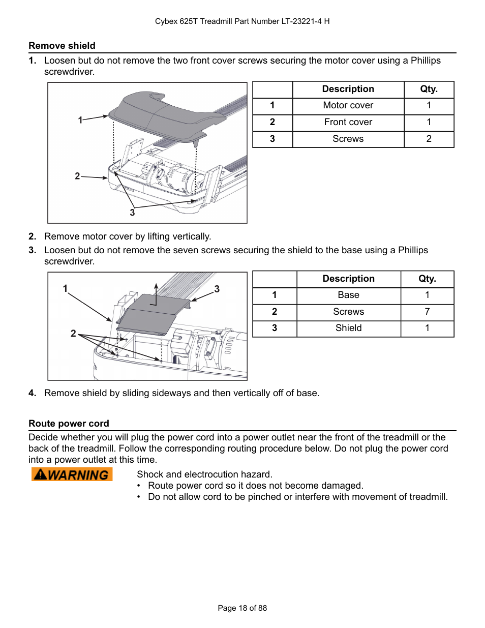 Remove shield, Route power cord | Cybex 625T Treadmill User Manual | Page 18 / 88