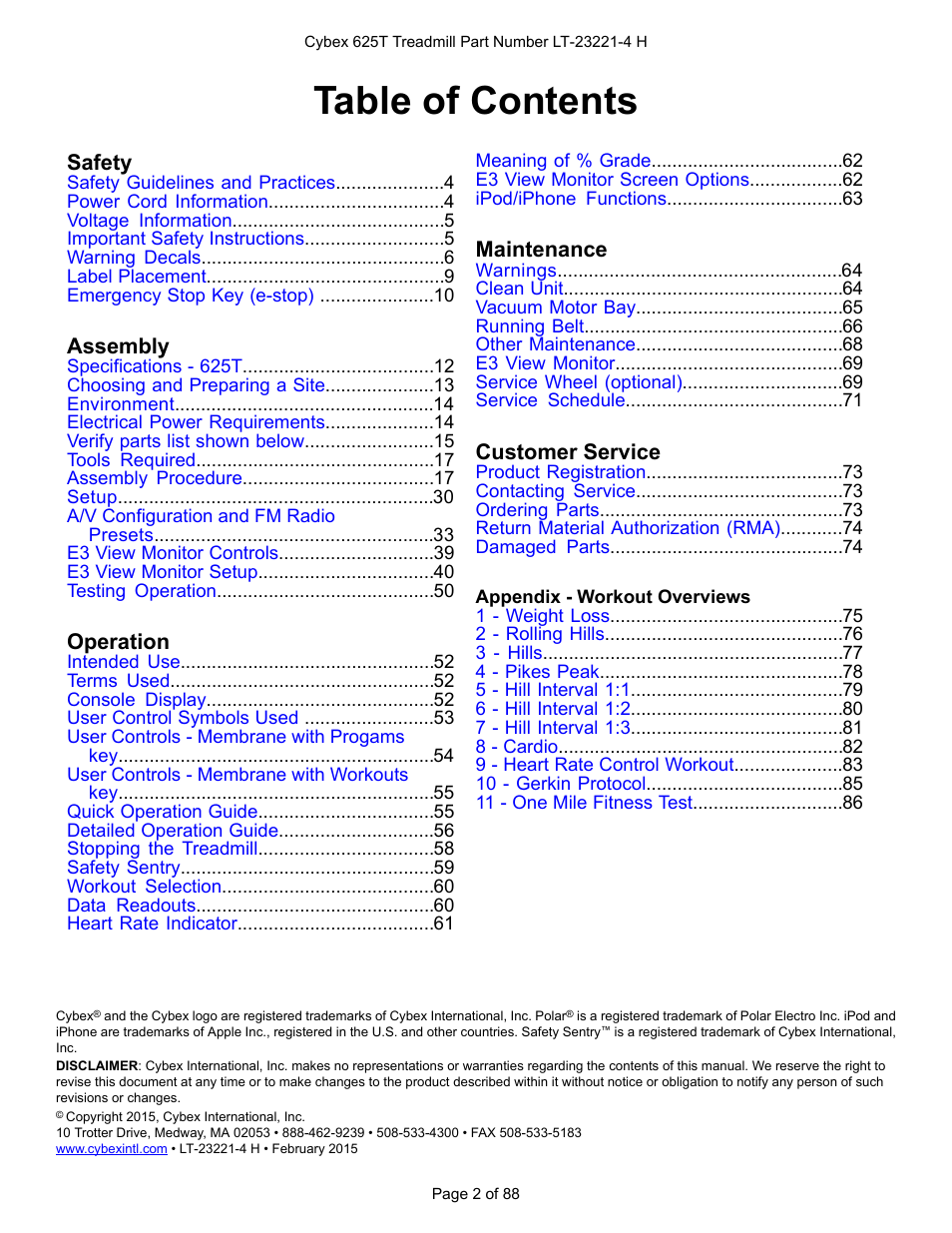 Cybex 625T Treadmill User Manual | Page 2 / 88